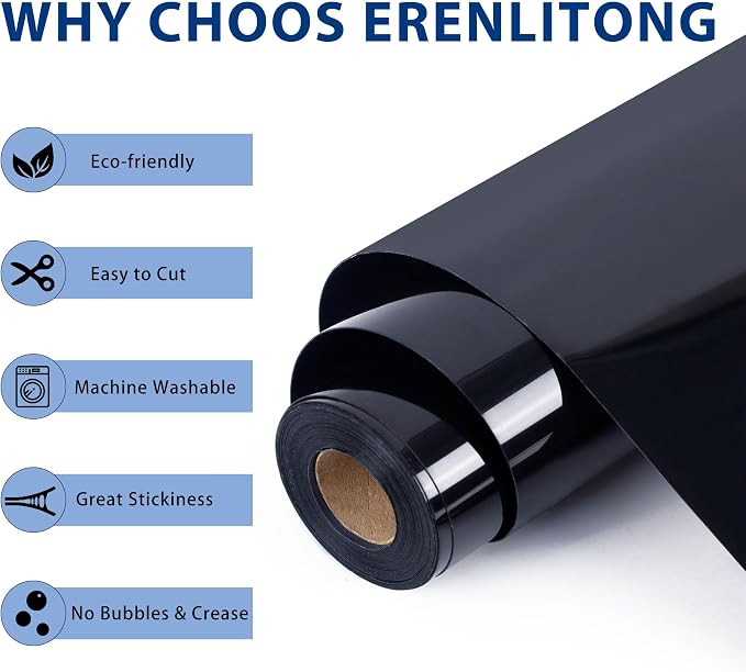 RENLITONG Black Iron on Vinyl 12Inch by 50ft Roll Heat Transfer Vinyl