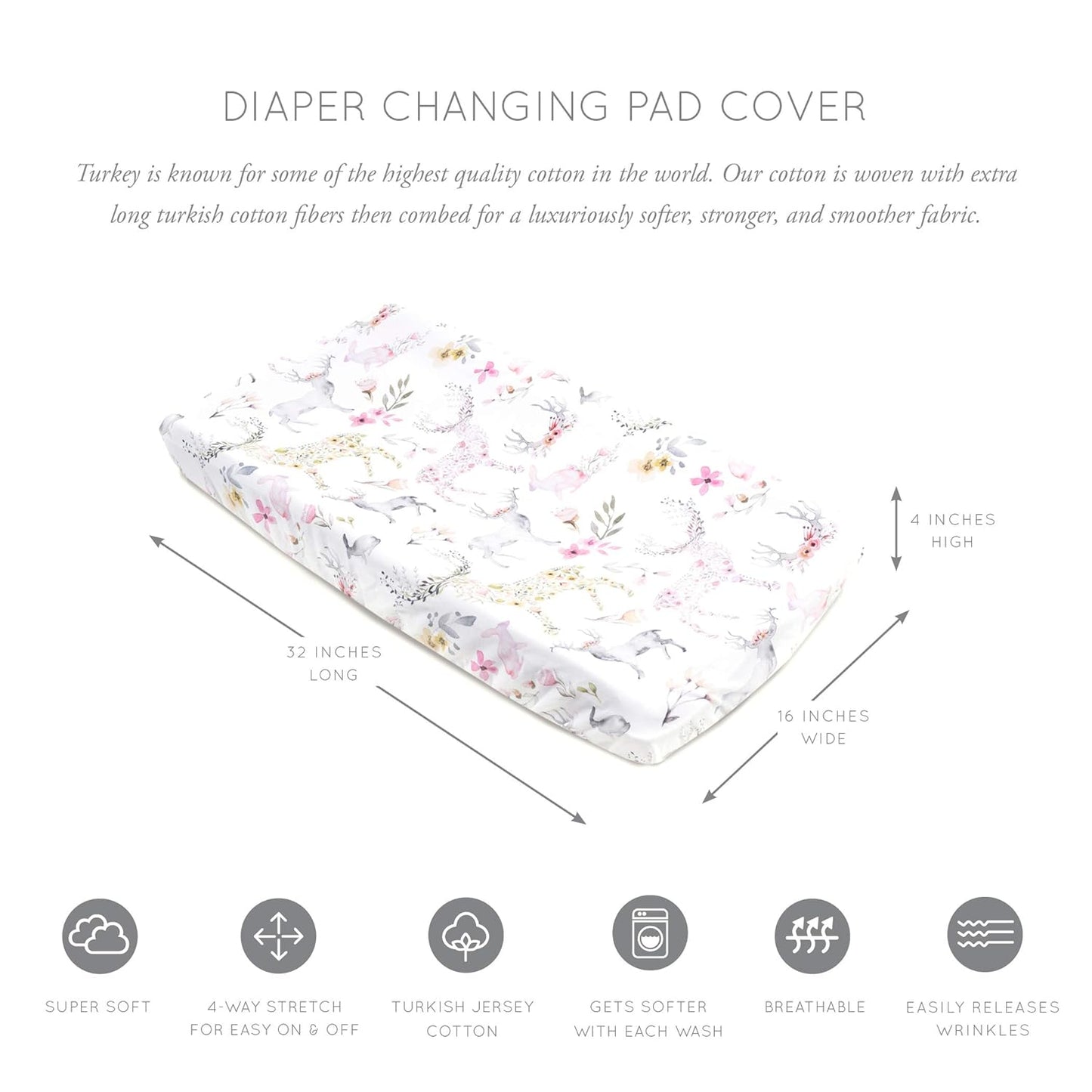 Oilo Changing Pad Cover, Breathable 100% Turkish Cotton Fitted Jersey, 300 Thread Count, Machine Washable, Fits Standard Changing Pads (32" x 16"), Girl, Boy, & Neutral Nursery Design, Fawn