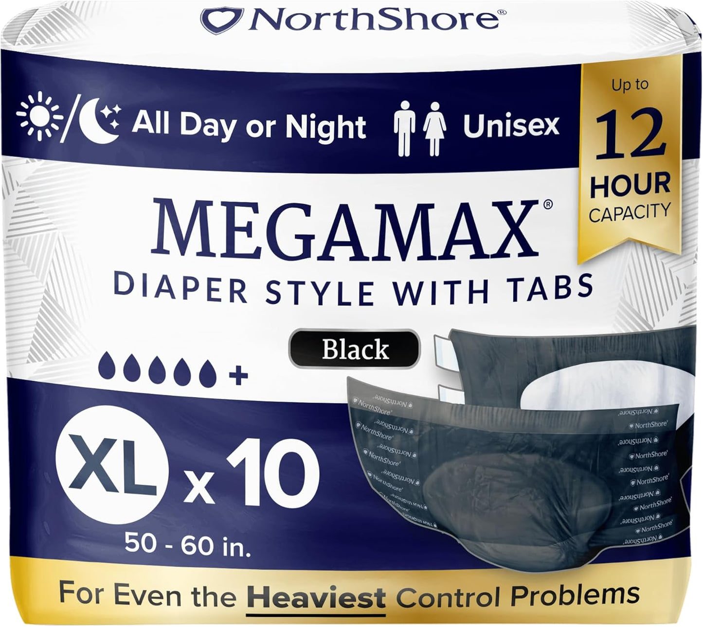 NorthShore MegaMax Adult Overnight Diapers, 12-Hour Tab-Style, X-Large, 10 Count Bag, Black, 50-60 inches, Unisex Incontinence Underwear