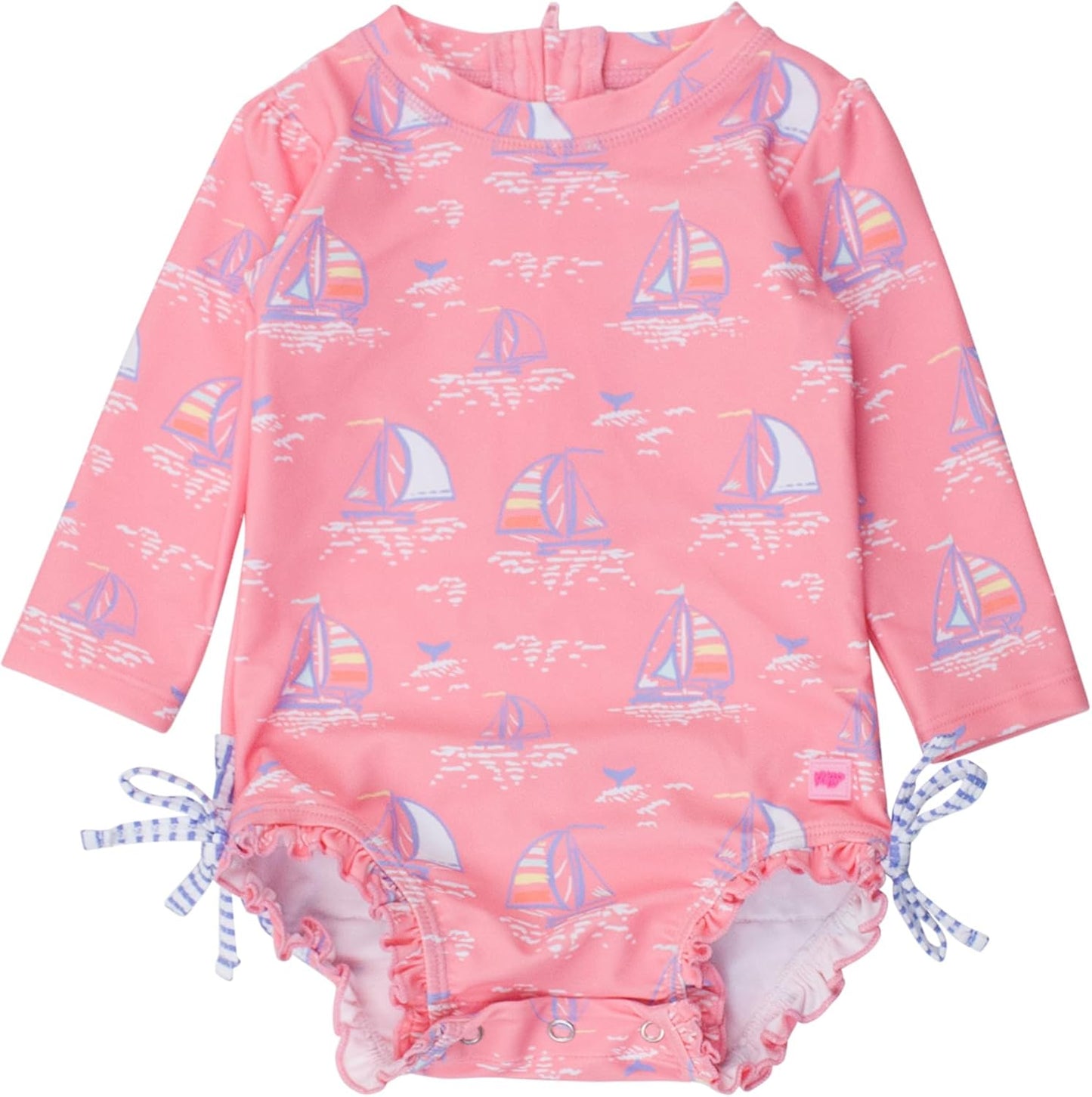 RuffleButts Baby Girls UPF 50+ Sun Protection Novelty Print Long Sleeve One Piece Rash Guard Swimsuit with Zipper