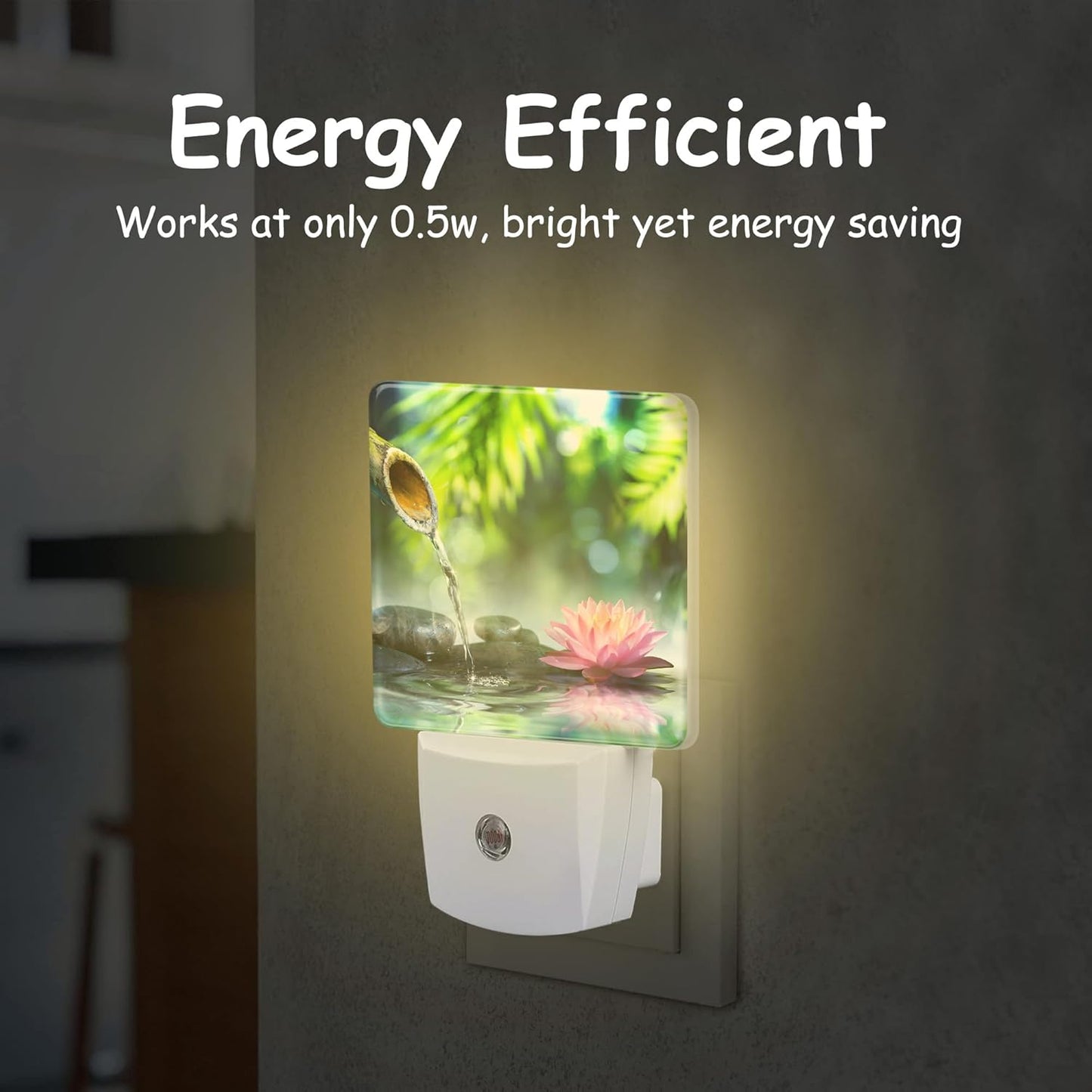Black Stones and Pink Waterlily Night Light,Bamboo Pool Zen Garden Plug-in Night Light Auto Dusk-to-Dawn Sensor Energy Efficient LED Lamp for Room Decor,Hallway,Kitchen,Bathroom,Nursery,Stairs