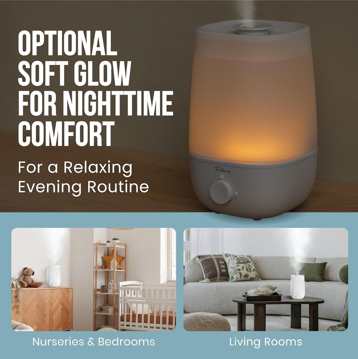 Fontaines Luxury Top-Fill Cool Mist Humidifier - 360° Ultra-Fine Spray, Whisper-Quiet Operation, Dishwasher-Safe Tank, Nightlight & Auto Shut-Off, Easy to Clean for Home, Bedroom, Baby Nursery