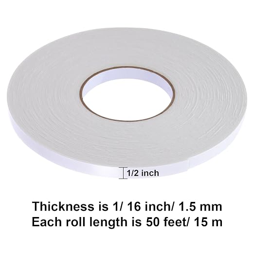 Tatuo 2 Rolls Double Sided Foam Tape 1/2 inches by 50 Feet White PE Foam Tape