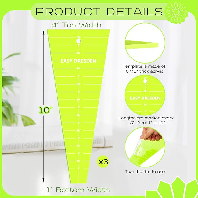 Kigley 3 Pcs Acrylic Trapezium Quilting Template Ruler 10 Inch Dresden Plate