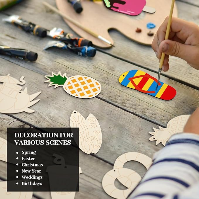 Subacy 80 PCS Unfinished Wood Cutouts 10 Styles DIY Wooden Summer Ornaments