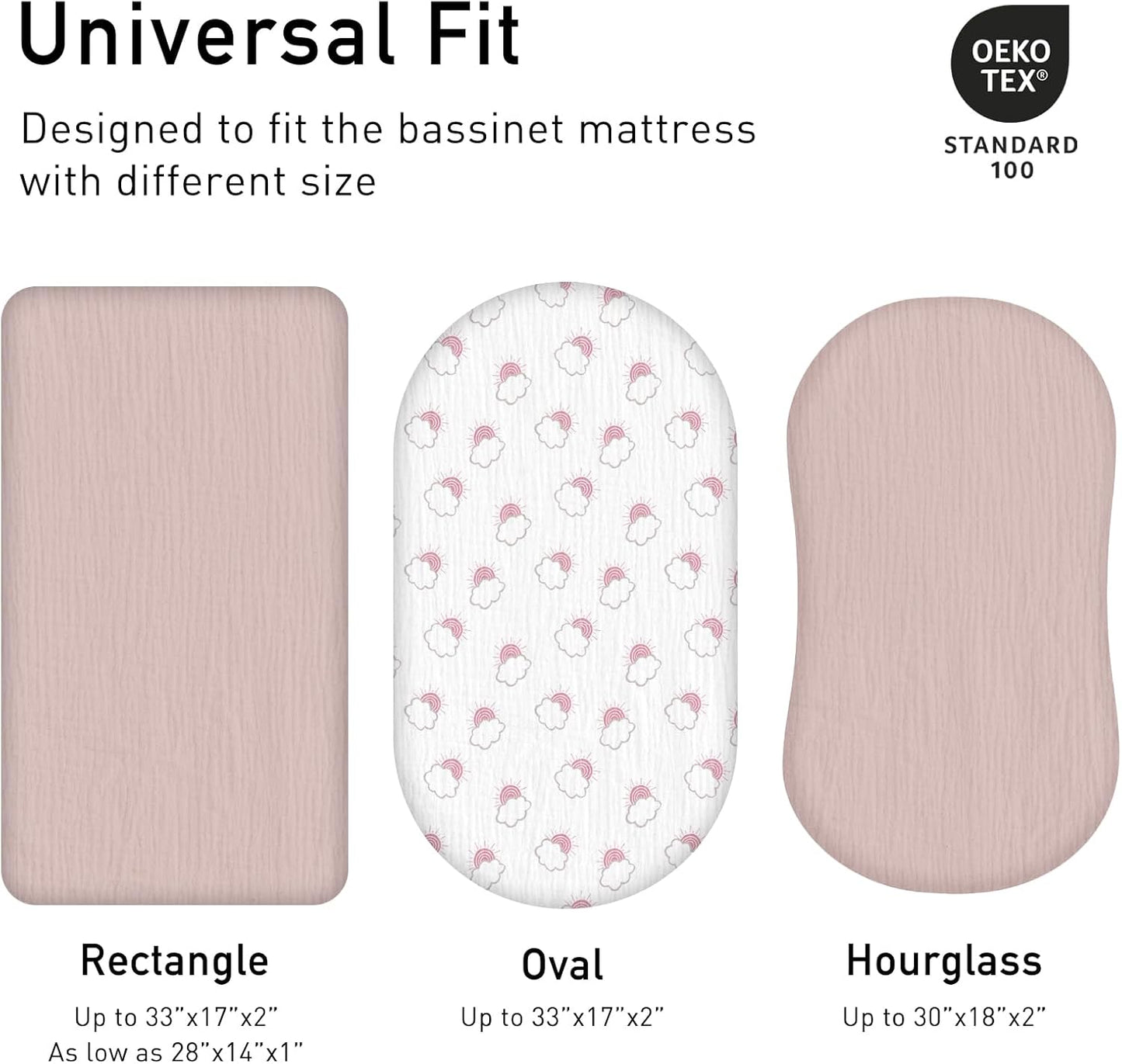 Muslin Bassinet Fitted Sheets, 2 Pack for Baby Boy and Girl, Soft Breathable Baby Pad/Mattress Sheet, Fit for Hourglass Oval and Rectangle Bassinet Mattress (Pink Cloud)