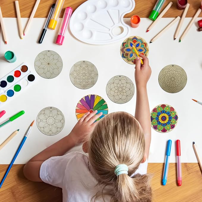 40Pcs DIY Unfinished Mandala Painting Wood Craft Wooden Chips Coloring