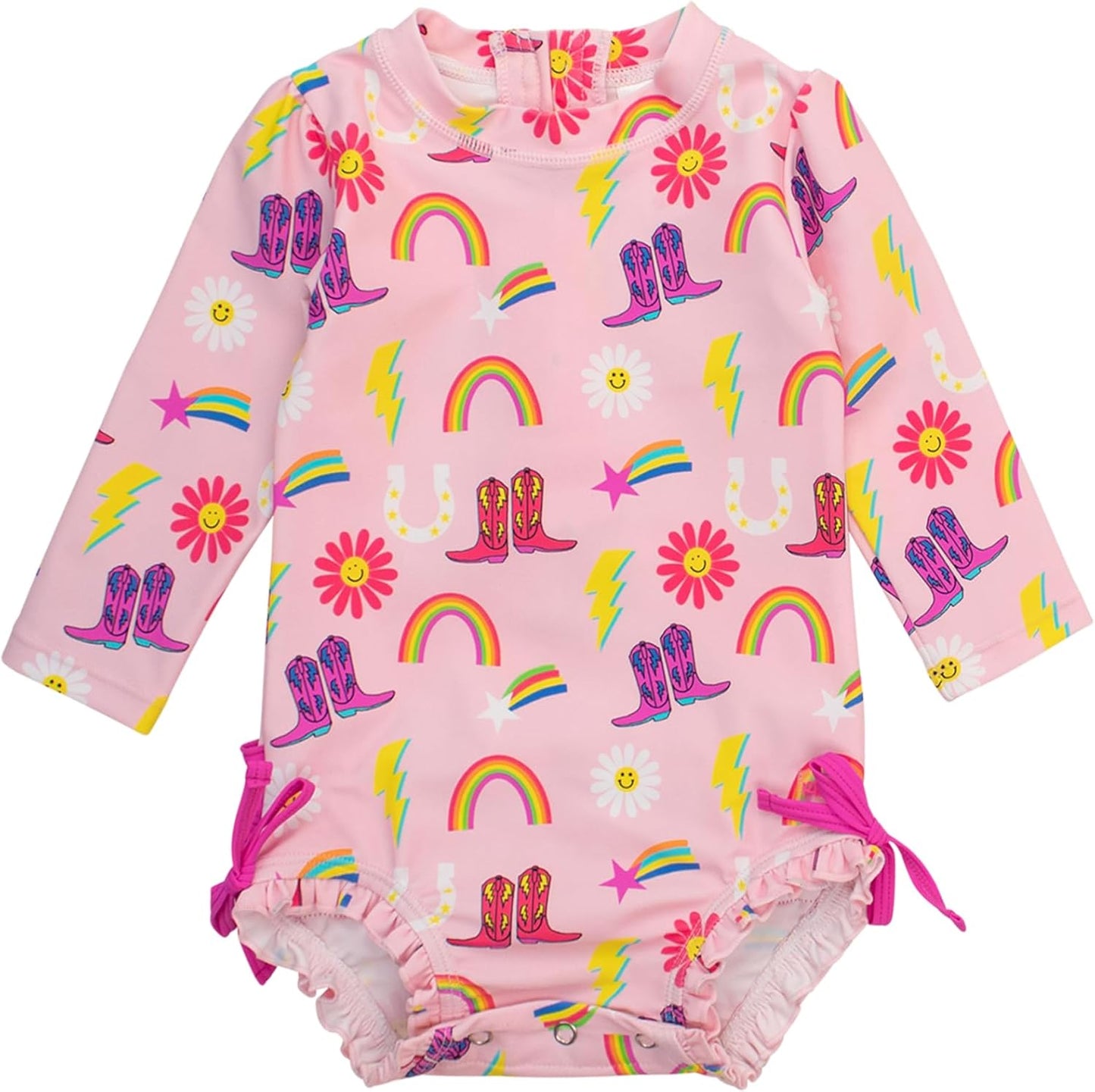 RuffleButts Baby Girls UPF 50+ Sun Protection Novelty Print Long Sleeve One Piece Rash Guard Swimsuit with Zipper
