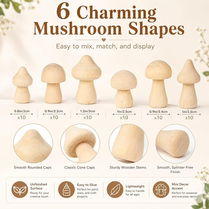60Pcs Wooden Mushrooms, 6 Sizes of Natural Unfinished Wooden Mushroom, Wood