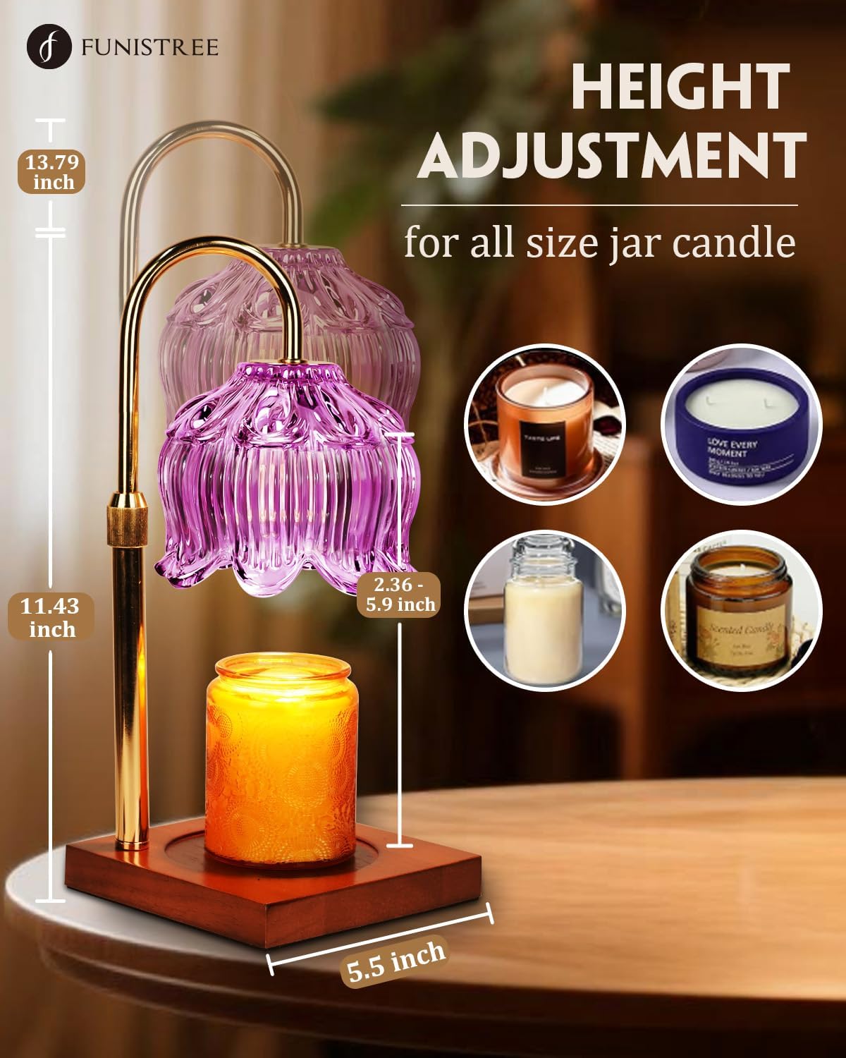 Purple Candle Warmer Lamp with Timer & Dimmer, Candle Lamp Warmer Adjustable Height, Gifts for Women Mom Birthday Christmas, House Warming New Home Bedroom Decor, Flower Wax Warmer for Jar Candles