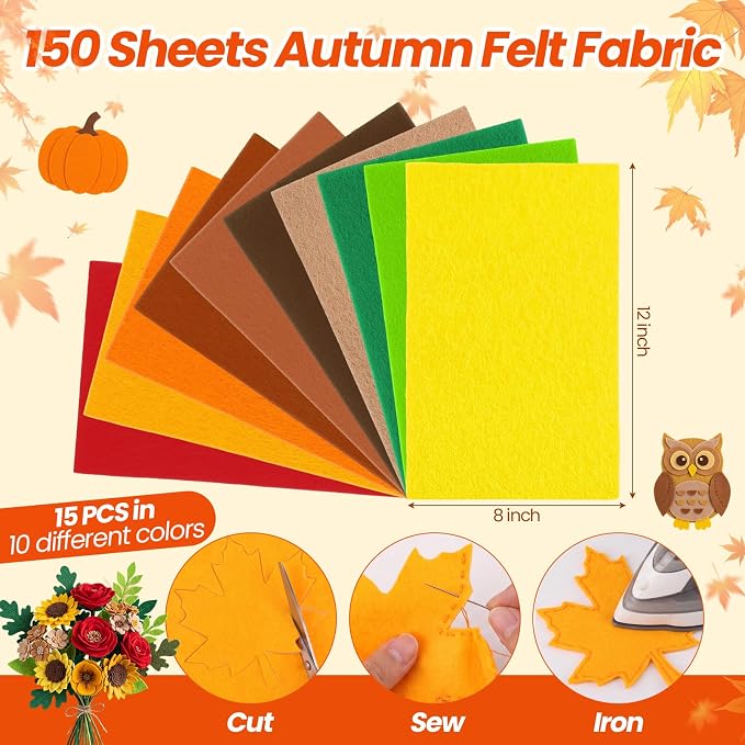 Peryiter 150 Pcs Fall Color Felt Fabric Sheets Bulk