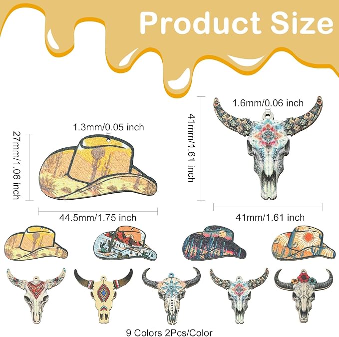 18 pcs 9 Styles Western Cattle Theme Wood Cutout Charms Cow Cap Hat Animal Wood