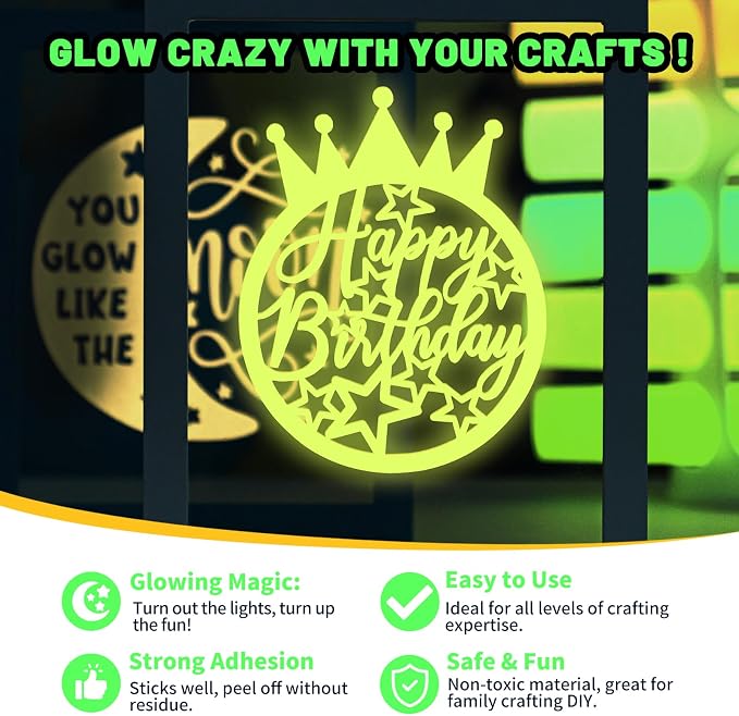 TECKWRAP Glow in Dark Matte Neon Adhesive Craft Vinyl Precut Sheets 12" x 12" 6