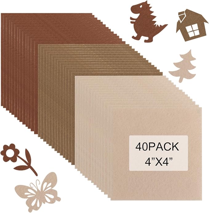 40 Pcs Stiff Felt Fabric Sheet for Crafts, 1mm Thick and 4”x 4”Brown Series