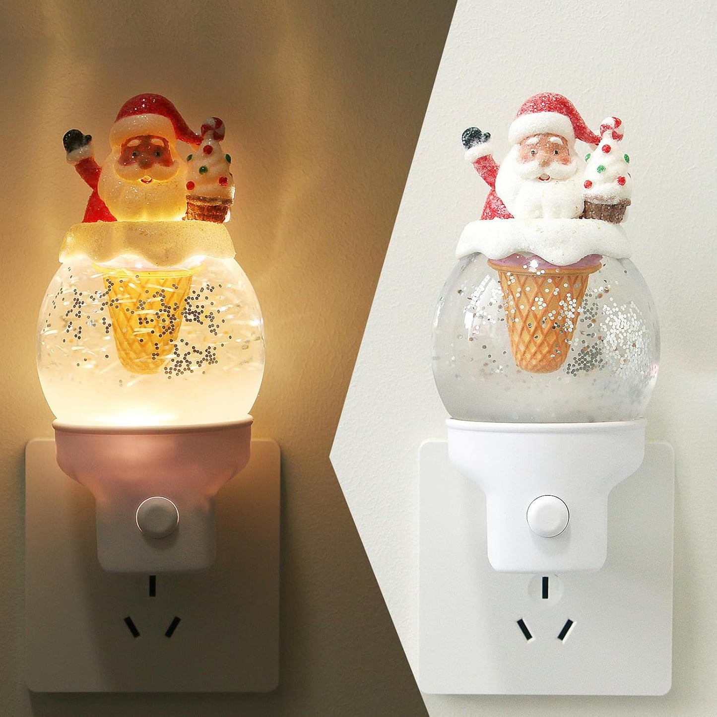 Christmas Night Light Plug into Wall Swirling Glitter USB Portable Christmas Decorative Night Light Decoration for Kids Adults Bedroom Kitchen Living Room Holiday Decor (Santa Cookie Cones)