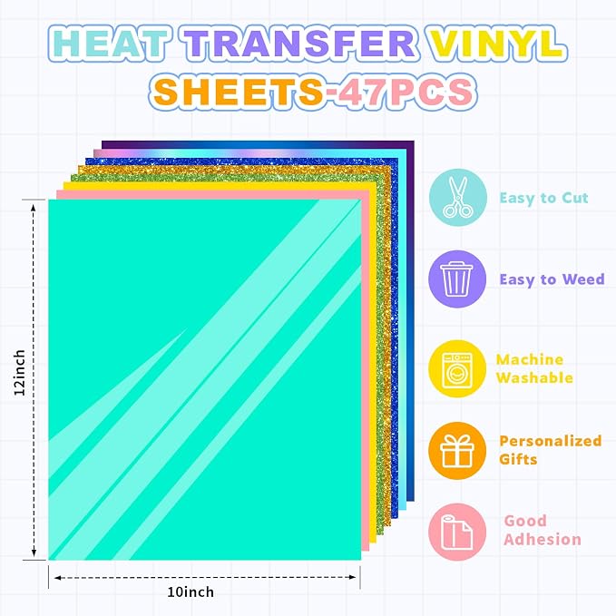 Heat Transfer Vinyl Bundle-47 Pcs 12" x 10" Iron on Vinyl