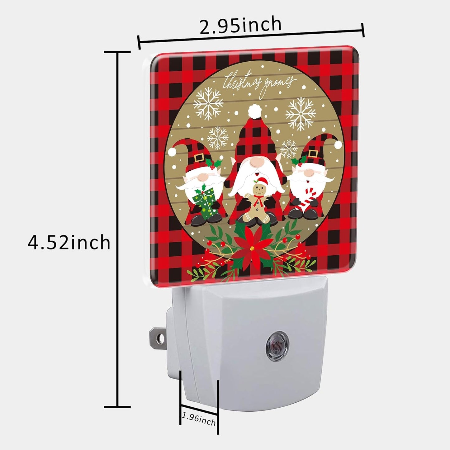 Christmas Gnome Red Black Plaid Night Light for Kids, LED Night Light Plug into Wall with Dusk to Dawn Sensor for Girls Boys Women Men Room Decor, Hallway, Kitchen, Bathroom, Nursery, Stairs