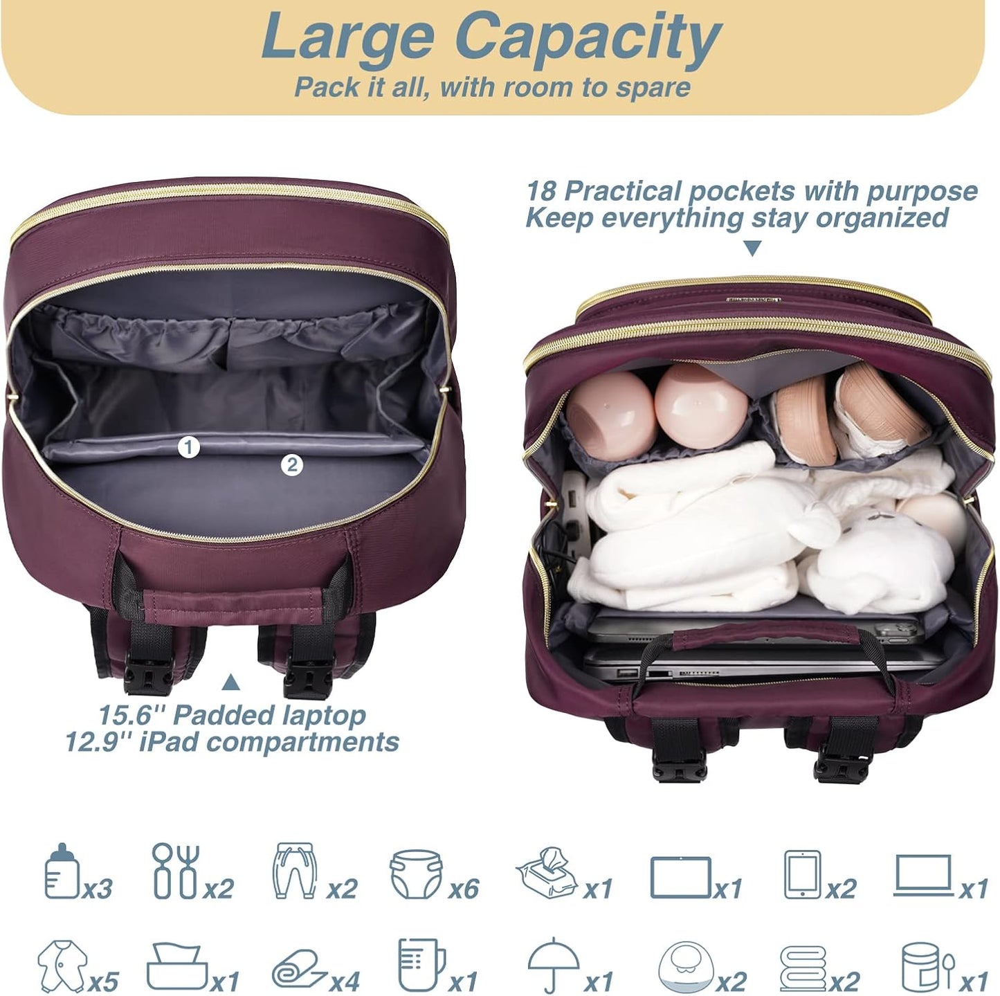 MOMUVO Diaper Bag Backpack, Quilted Baby Bag with Changing Pad & Stroller Straps & Pacifier Case, Large Travel Diaper Bags for Mom Dad