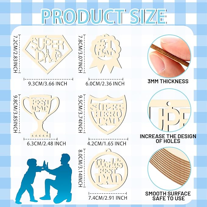 Dad 40Pcs 5 Type Unfinished Wood Crafts Fathers Day DIY Cutouts Dad Birthday