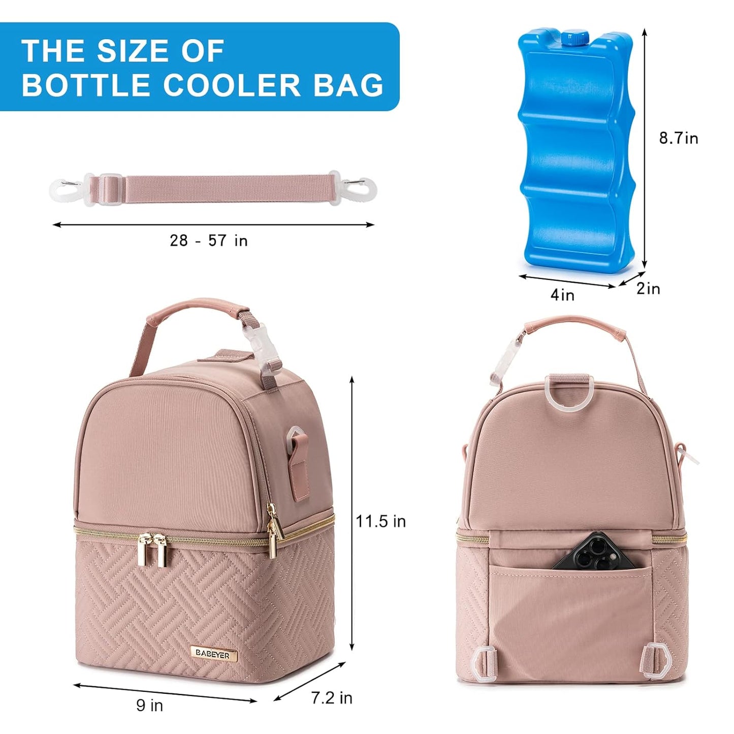 Breastmilk Cooler Bag with Ice Pack Fits 6 Baby Bottles up to 9 Ounce, Breast Milk Pump Cooler Bag with Shoulder Strap for Nursing Mom Daycare, Work, Travel- Pink
