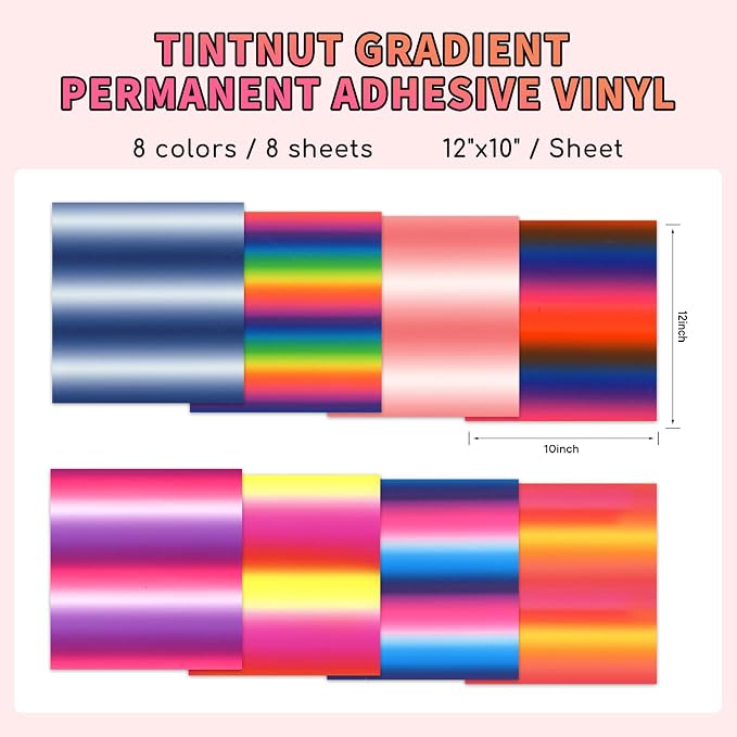 Tintnut Gradient Permanent Vinyl 8 Sheets 12x10in Rainbow Adhesive Vinyl |