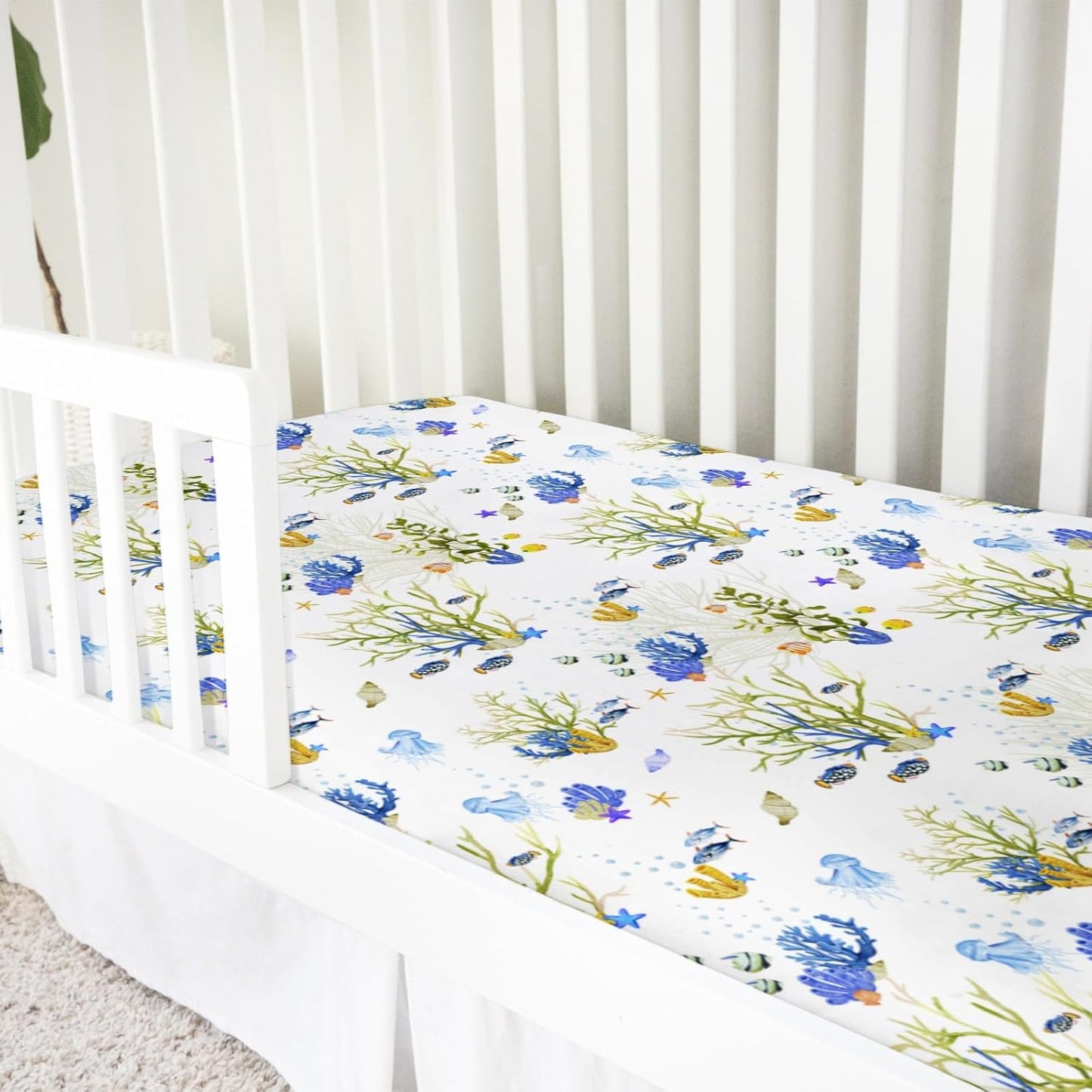 Colorful Undersea Fishes Jellyfish Sea Weeds Baby Crib Sheet 52''x28'' Nautical Life Fitted Crib Mattress Cover for Boy Girl Nursery Toddler Bed Sheets for Standard Crib and Toddler Mattresses