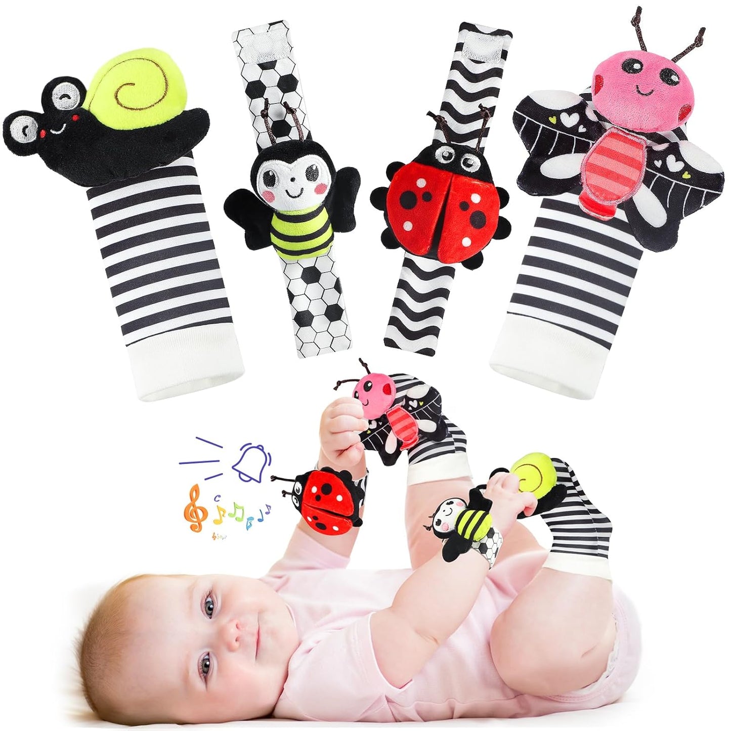 URMYWO Wrist Rattles for Baby - Rattle Socks - Foot Finder Set - High Contrast Black and White Baby Toys for 0-12 Months Infant - Newborn Essentials - Sensery Toys for Boys and Girls as Shower Gifts