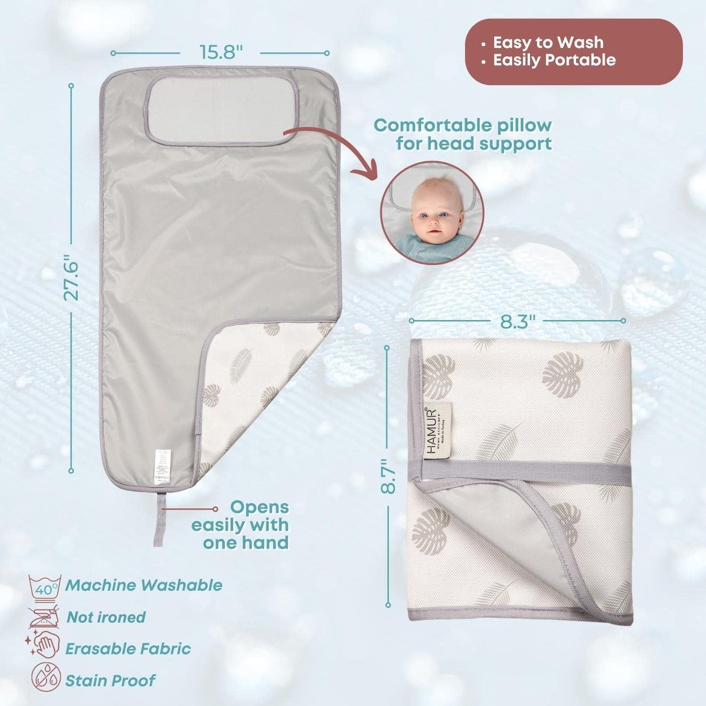 Hamur Home Portable Changing Pad – Waterproof, Washable & Easy Wipe Clean, Foldable Travel Baby Changing Mat for Diaper Bag, Compact & Lightweight, Must-Have for Newborns (Leaves Pattern)