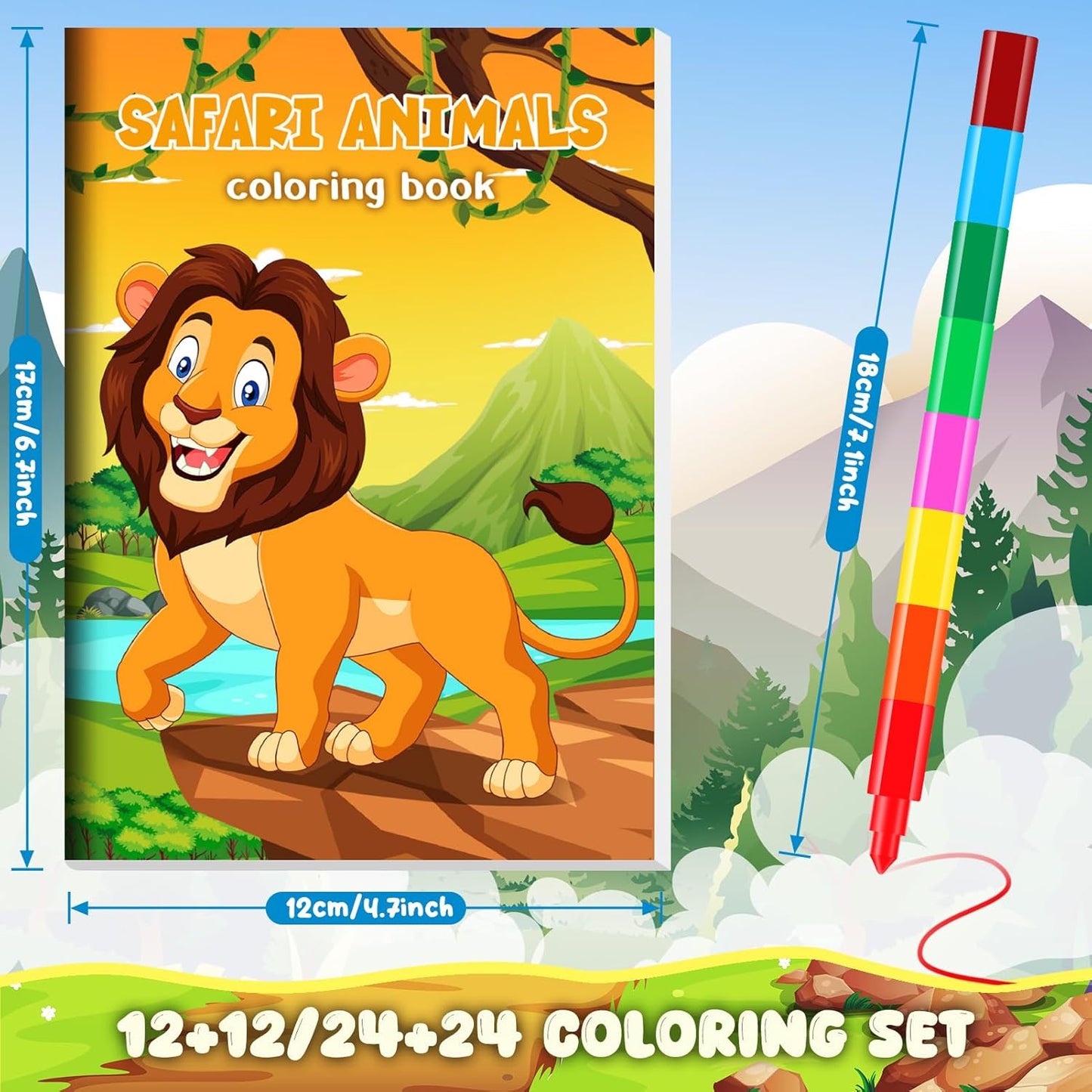 BenLouis 12 Jungle Safari Mini Coloring Books Kids with 12 Stacking Crayons Zoo Animals Lion Party Favors Small Activity Books Bulk for Kids Wild One Party Gift Goodie Bag Stuffers