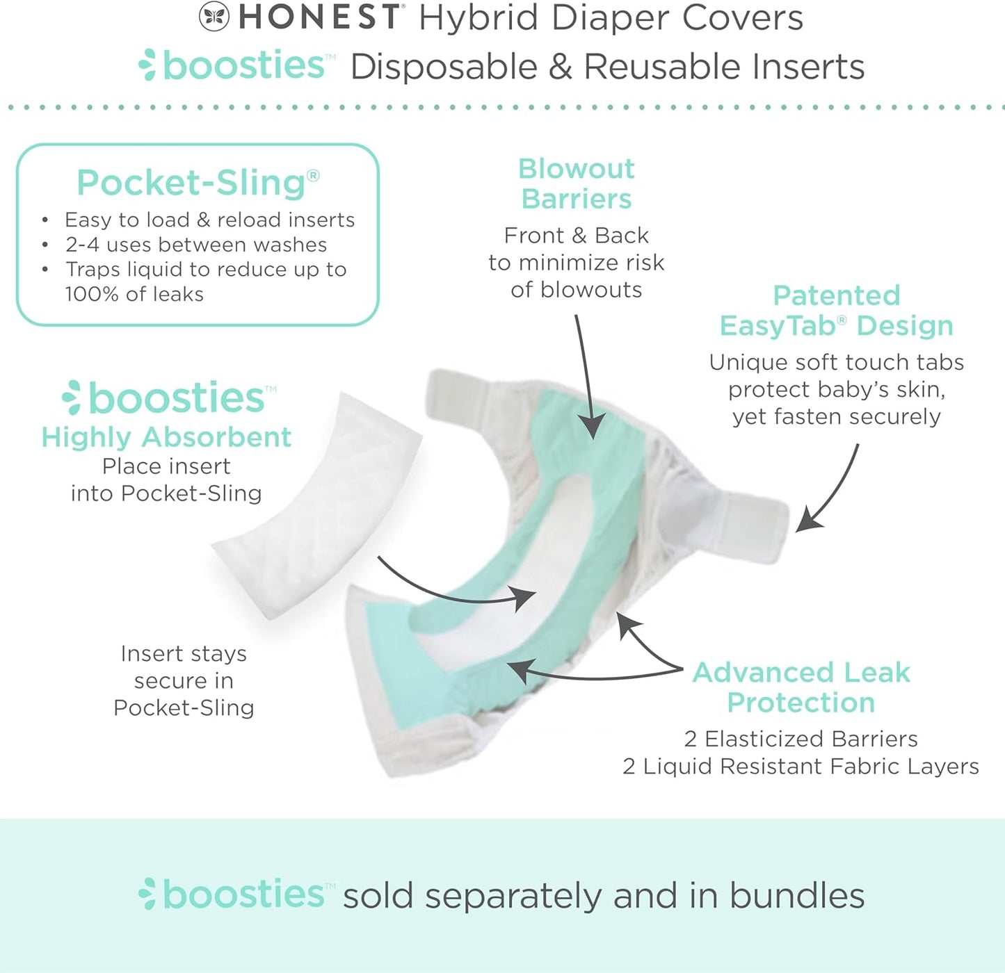 Super Boosties 90ct + Honest Hybrid Cloth Diaper Cover with Pocket-Sling, Large (22-40 lbs), Stops Nighttime Leaks, Boosties Disposable Diaper Inserts, Honest Cotton Muslin Covers, 3 Pack