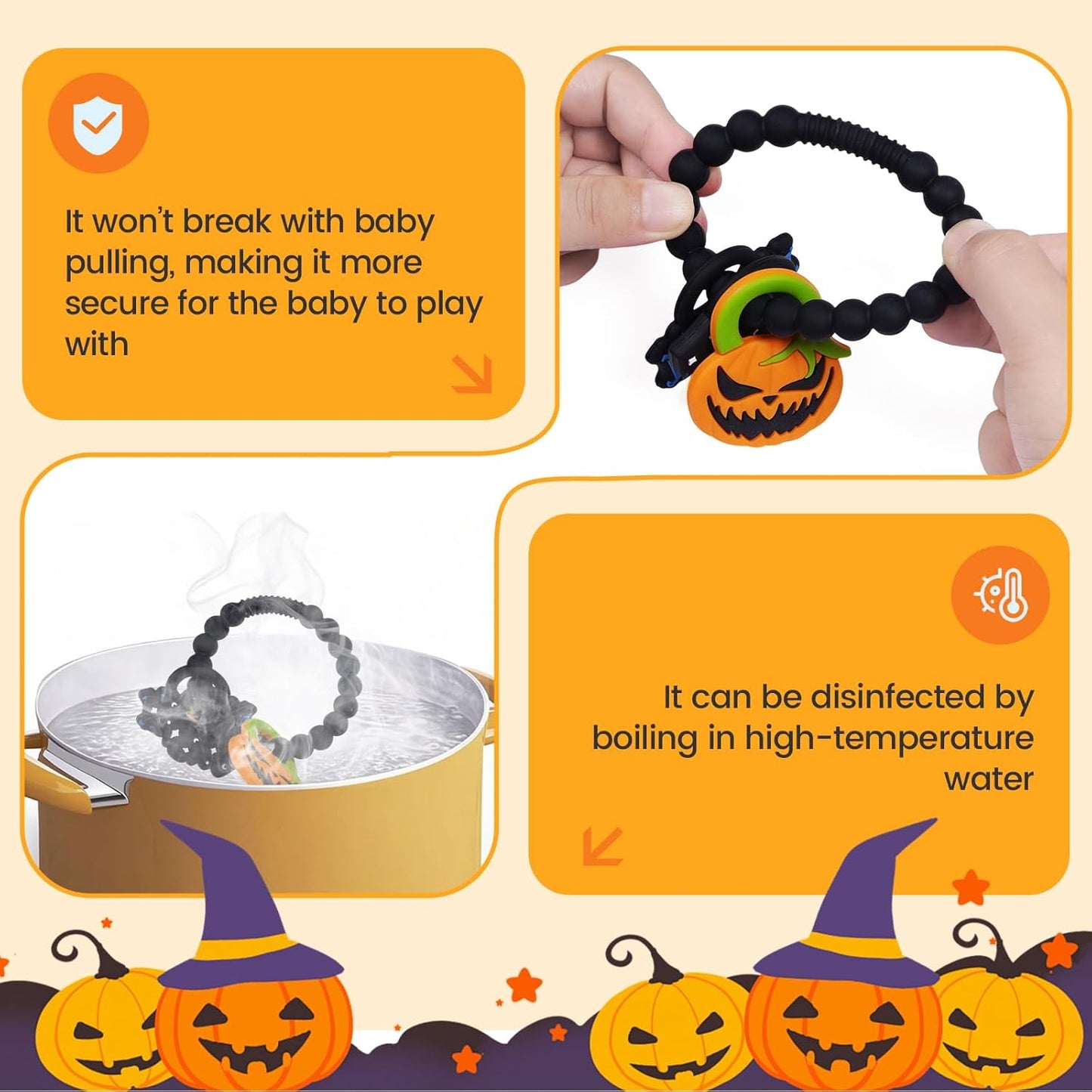 Baby Silicone Halloween Pumpkin Teether Ring Toy,Food Grade Silicone Chew Toys for 0-6,6-12,12-18 Months Newborns,Infants,Toddlers Teething Relief,Safe and Soft,BPA Free,Baby Essentials.