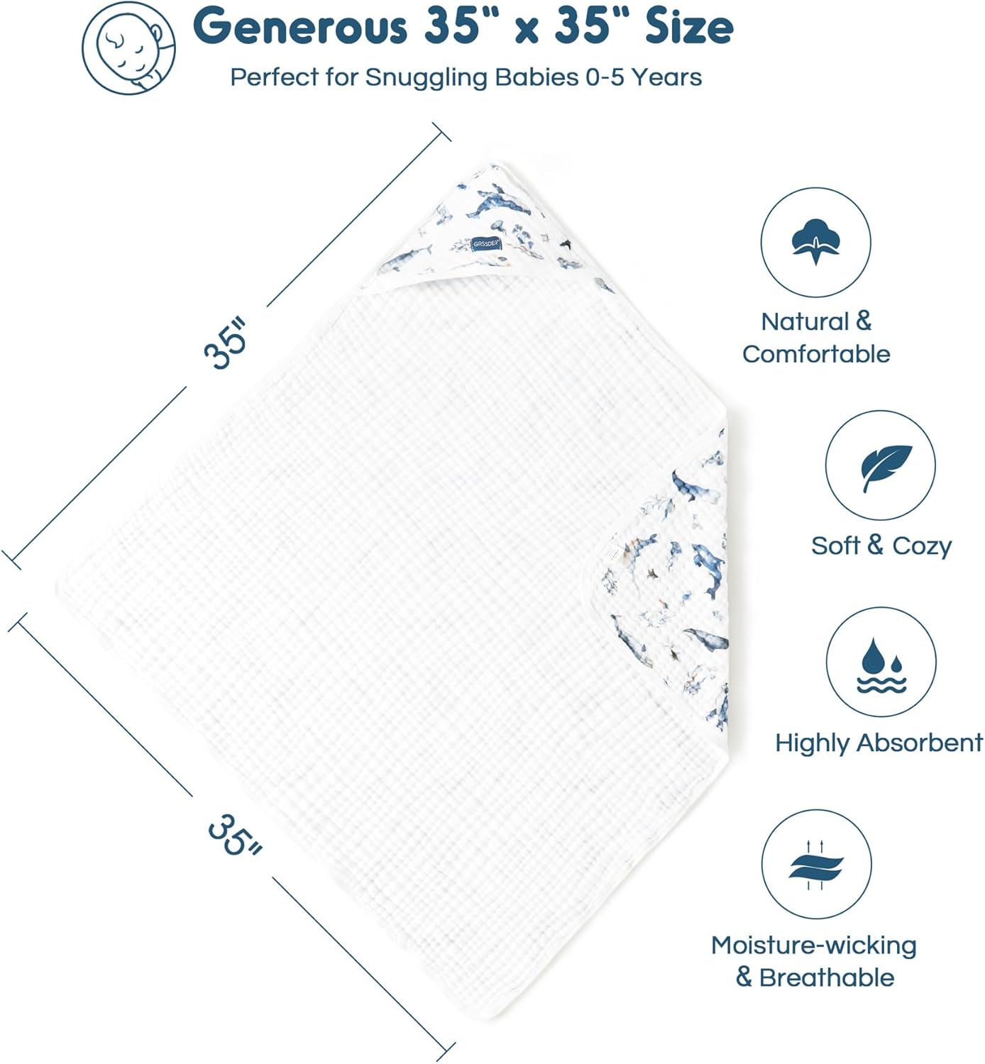 GRSSDER Ultra Soft Absorbent Muslin Cotton Baby Hooded Towel 2 Pack with Original Patterns, Extra Large Size 35"x 35" Swaddle Wrap for Newborn Infant and Toddler