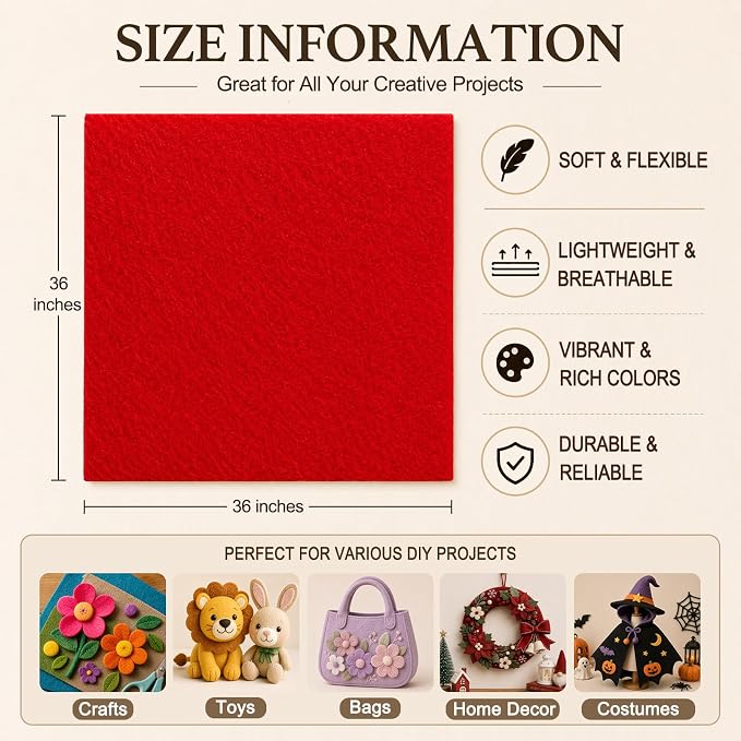 Red Large Felt Fabric 36" x 36", 1.4 mm Soft Felt Sheet, Nonwoven Fabric