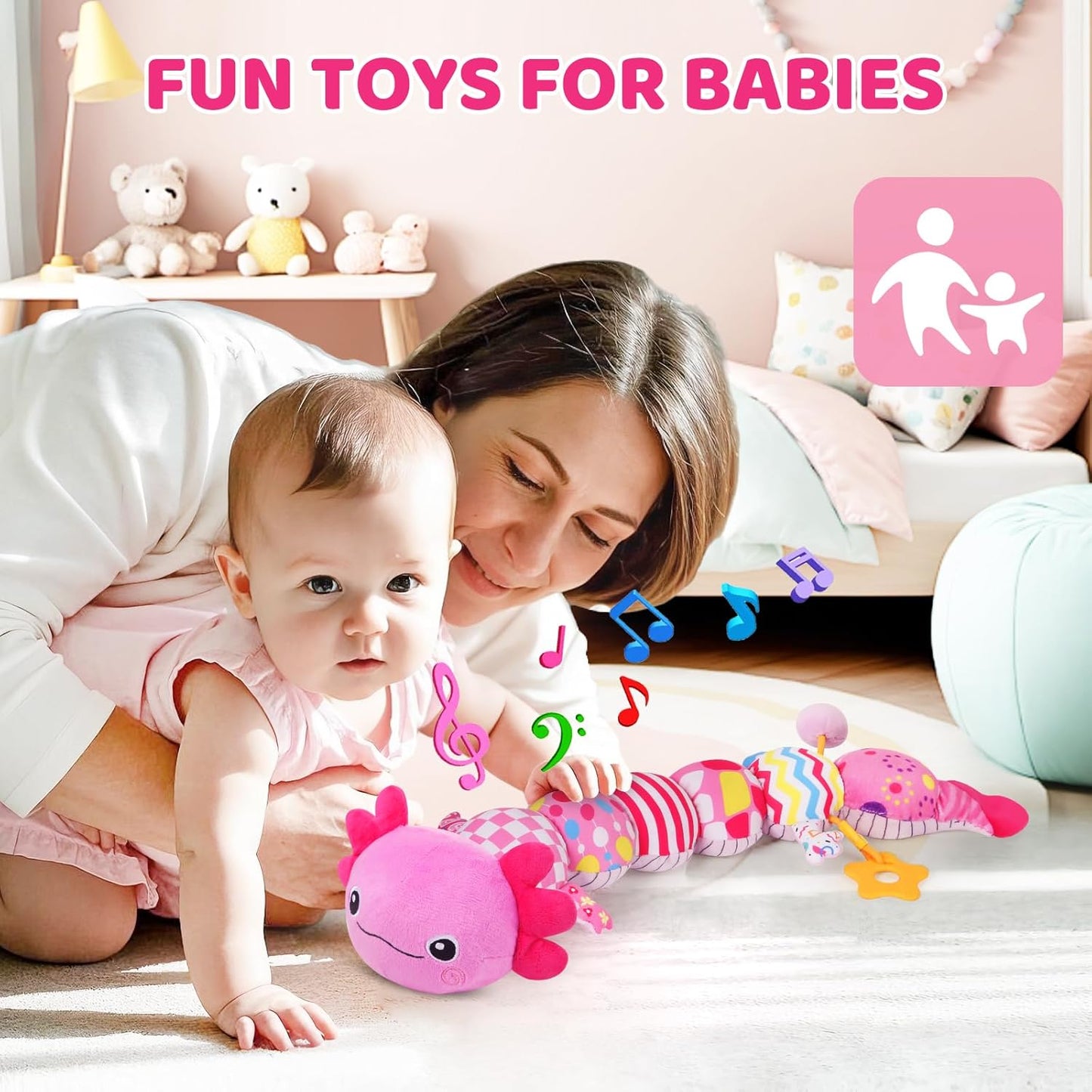 Baby Toys for 0-6 6-12 Months, Plush Axolotl Toy with Crinkle and Rattles for Infant Newborn, Sensory Music Animal Stuffed Toy for 0 1 2 3 4 5 6+ Month, Tummy Time Toys Gifts for 0-3-6-12 Months,Pink