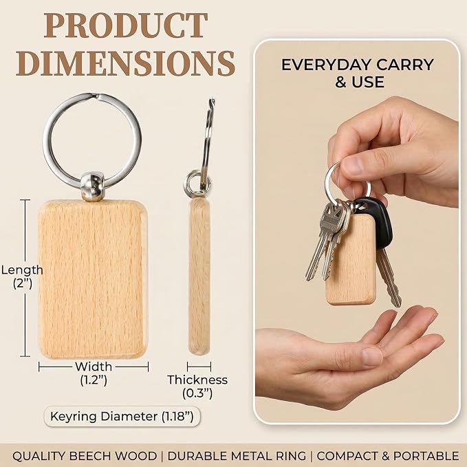 WRINGKIT 50 Pieces Wood Keychain Blank, Unfinished Laser Engraving Blanks