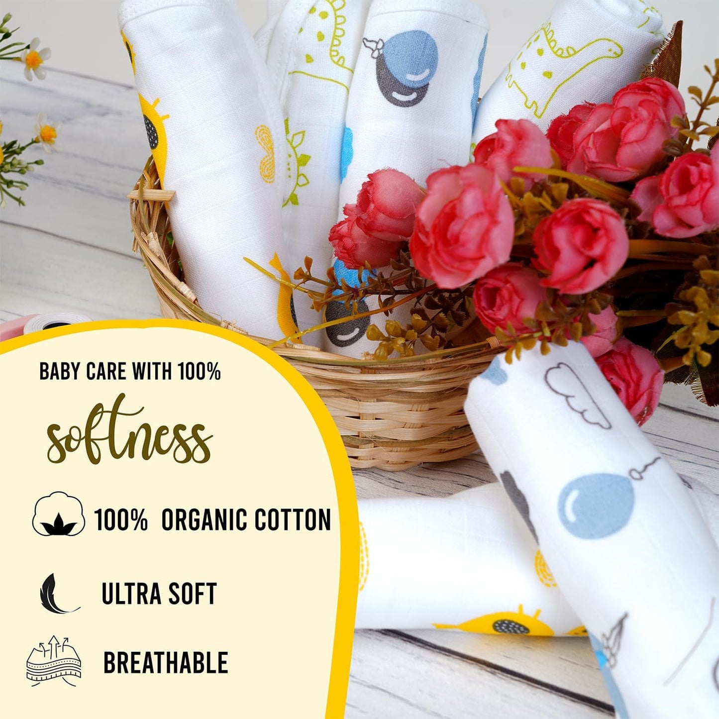 T 100% Organic Muslin Cotton Baby Washcloths - GOTS Certified - complies with CPC - Pack of 6 (White Base, Sea2Sky)