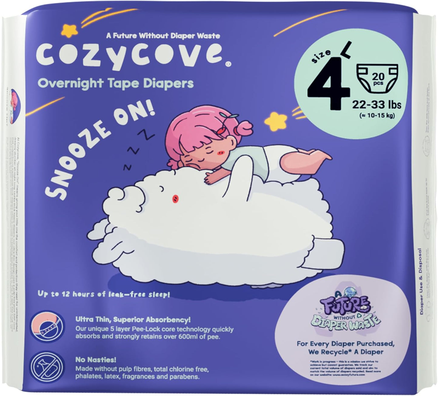 Cozycove Size 4 Diapers, Snooze On Slim Overnight Tape Diapers, Size 4 (22-33 lbs), 1 Pack of 20 Count
