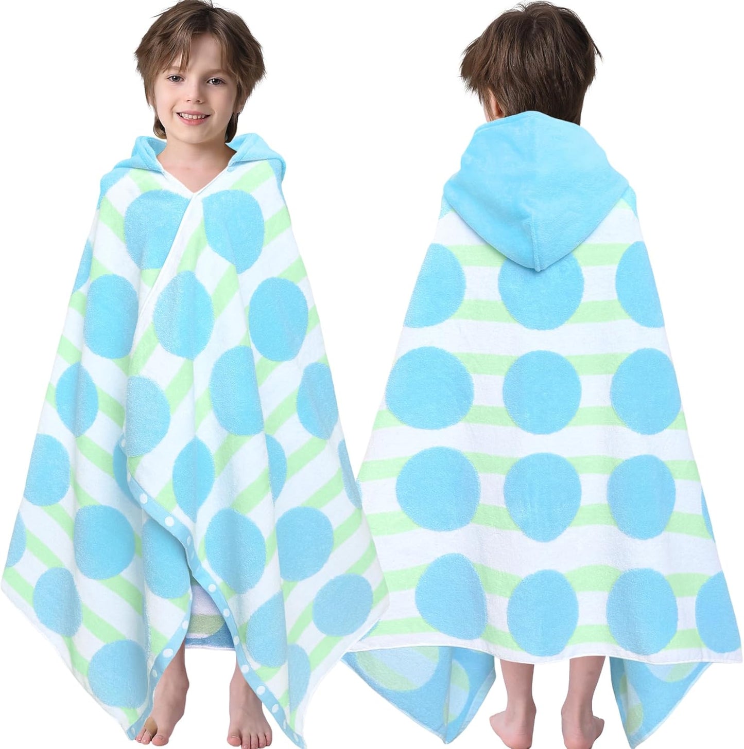 VOOVA & MOVAS Toddler Beach Towel (3-10Years), Absorbent Quick Dry Lightweight Towel Wrap with Hood for Pool | Swim | Bath, Blue Dot Strip