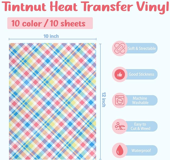 Tintnut Colorful Plaid Heat Transfer Vinyl, 10 Sheets 12"x10" Iron on Vinyl |