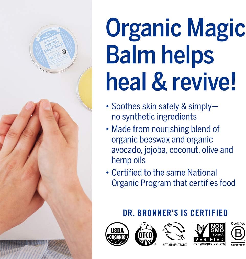Dr. Bronner's - Organic Magic Balm - Baby Unscented, Made with Organic Beeswax & Hemp Oil, Moisturizes & Soothes Hands, Face & Body (2 oz, 2-Pack)