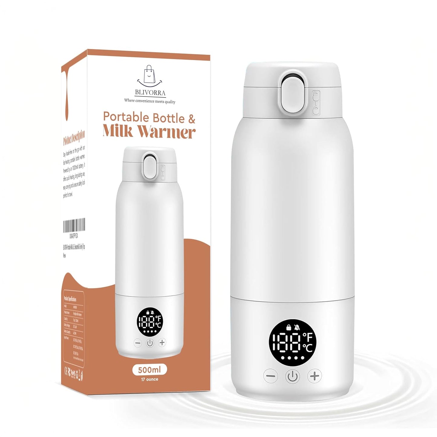 Portable Bottle Warmer for Travel – 17oz Large Capacity, Dual Heating Modes for Breast Milk & Water, Fast Heating, Long Battery Life – Smart Baby Bottle Warmer for Outdoor & New Mom Gift