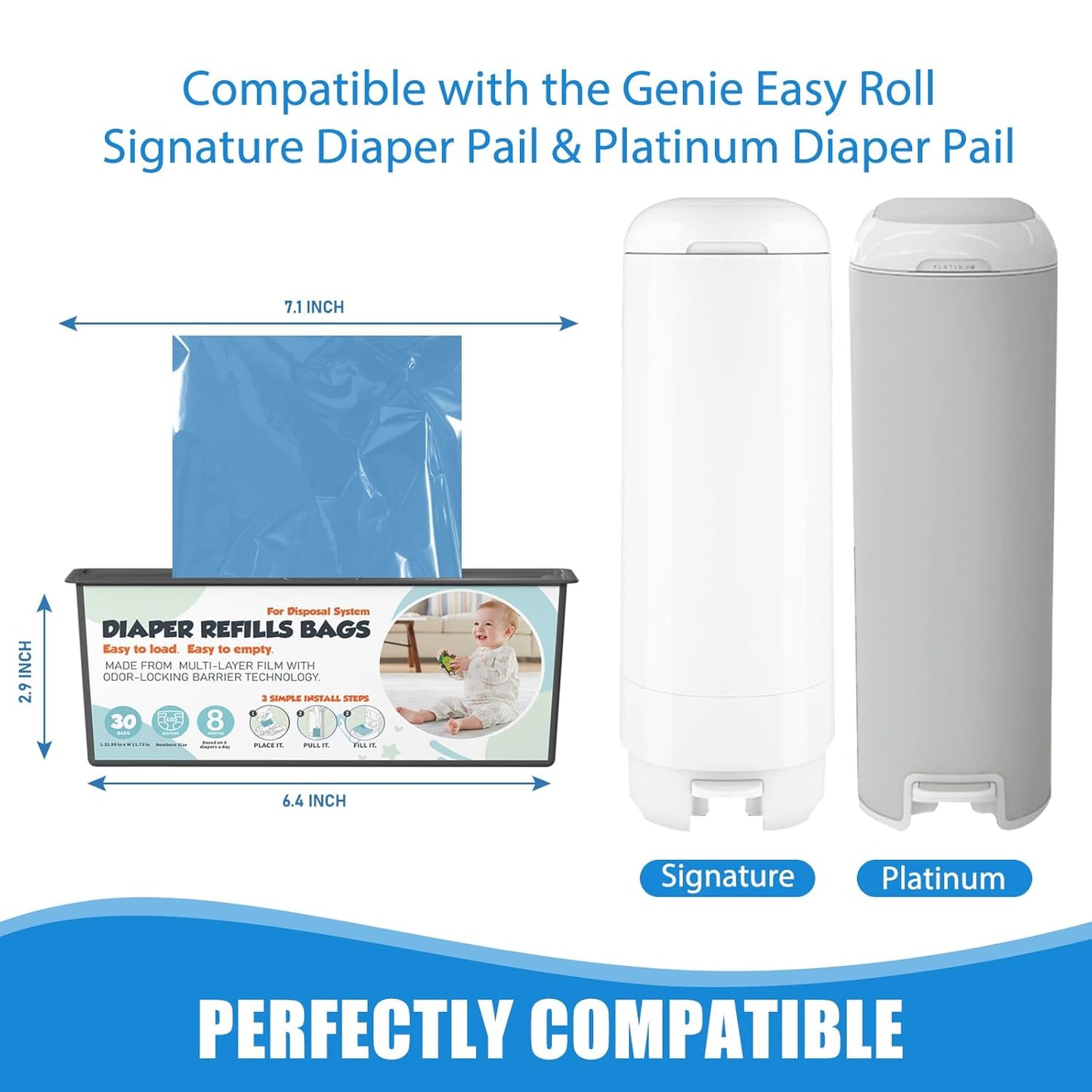 Diaper Pail Refills Bags with 30 Bags Compatible with Genie Easy Roll Signature and Platinum Diaper Pails, 7-Layer Odor-Barrier Technology, 3 Pack (90 Bag)