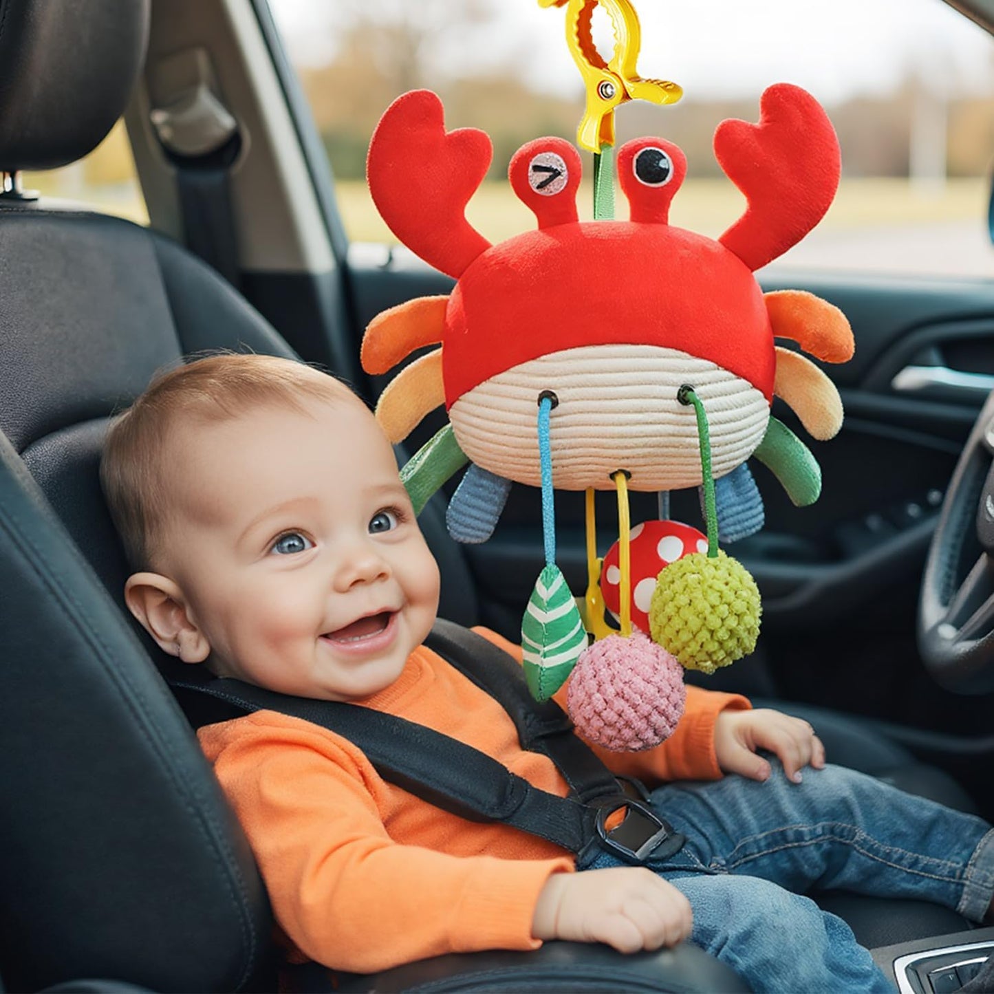 Carseat Toys Hanging, Crab Stroller Toy with Clamp,Plush Pull String Sensory Rattle,Built-in Bell, Rattle,Squeaky,Mirror for Infant,Babies Gift 0-3-6-12 Months Boy Girl