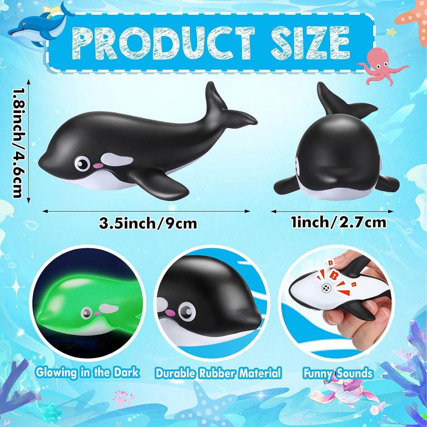 HyDren 48 Pcs Glow in The Dark Rubber Whale Bulk Squeaky Rubber Whale Luminous Mini Sea Animal Toys Bathtub Favors for Classroom Operation Christmas Basket Stuffers Child Gift Bulk(Black)