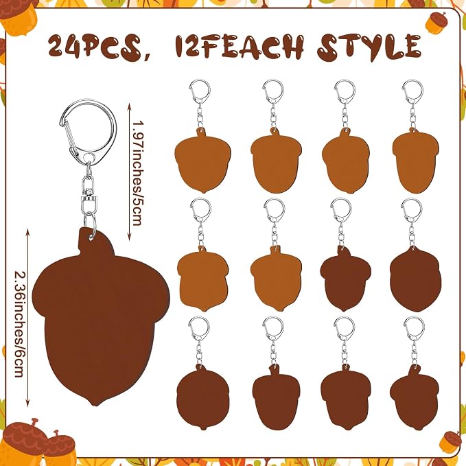RattanView 24 Pcs Acorn Craft Color Your Own Keychains DIY Craft Wooden Blank