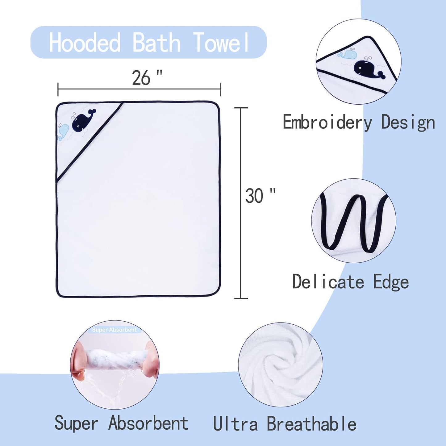 Viviland Baby Towels and Washcloths, Soft Absorbent Baby Boy Bath Towel Set, Whale Hooded Towels with 5 Infant Washcloths，(6 Pieces)