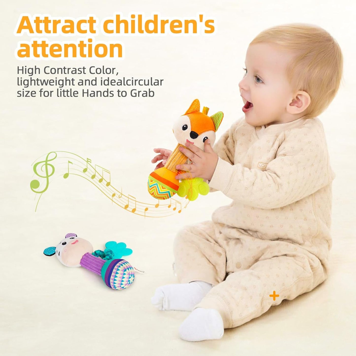 Baby rattles 0-6 months, Set of 2 rattles for babies 0-6 months, Soft Stuffed Animal Rattle Hand Grip Baby Toys, baby rattle Shaker Crinkle Squeaky Sensory Travel Accessories for 0 3 6 9 12 Months old