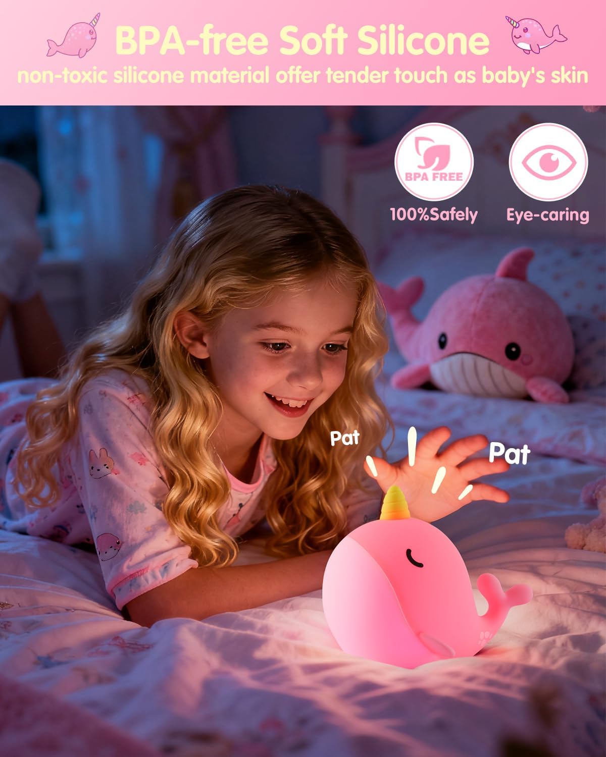 Fuloon Narwhal Night Light with Whale Shape, Squishy Silicone Kids Lamp, Safe & Soothing Touch Control for Kids and Babies, USB-C Rechargeable, 30-Min Auto Timer, Gift Idea (Pink)