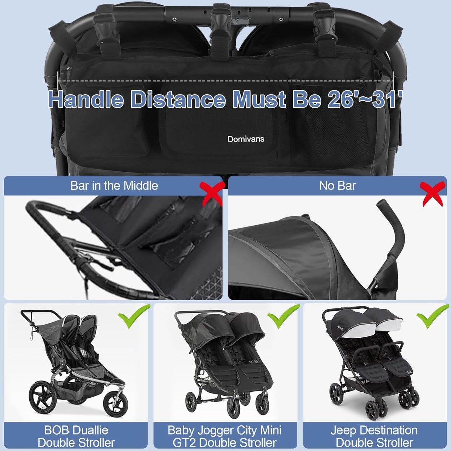 Double Stroller Organizer,Double Stroller Caddy for Bob Duallie and Baby Jogger City Mini GT2,Extra Large Double Baby Stroller Accessories with Cup Holder,Black(Empty Bag)