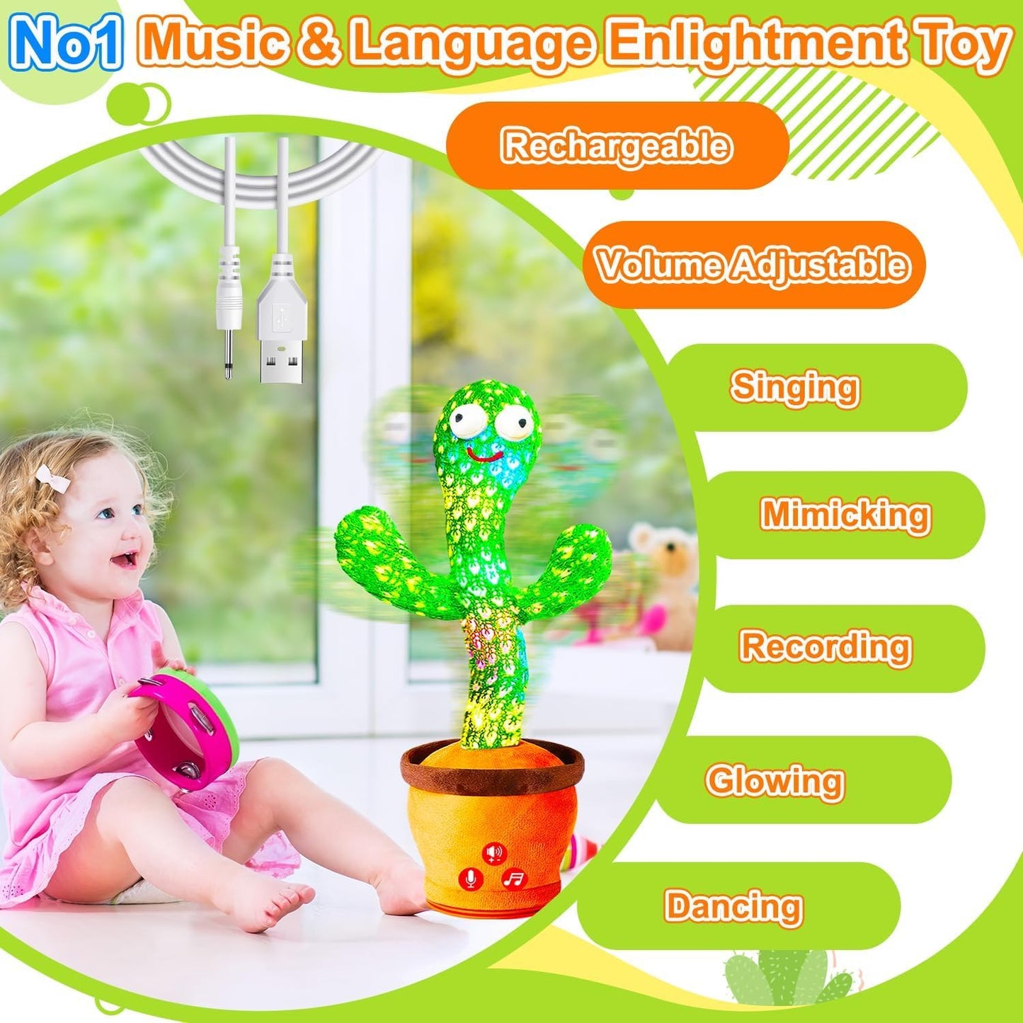 Rechargeable Dancing Talking Cactus Toy for Baby, Volume Adjustable, Singing, Mimicking, Repeating, Kids Baby Toys for Girls Boys, Birthday or Chirstmas Gifts for Grandkids, Stocking Stuffers for Kids